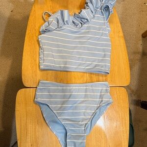 Blue and White Striped Ruffle swimsuit